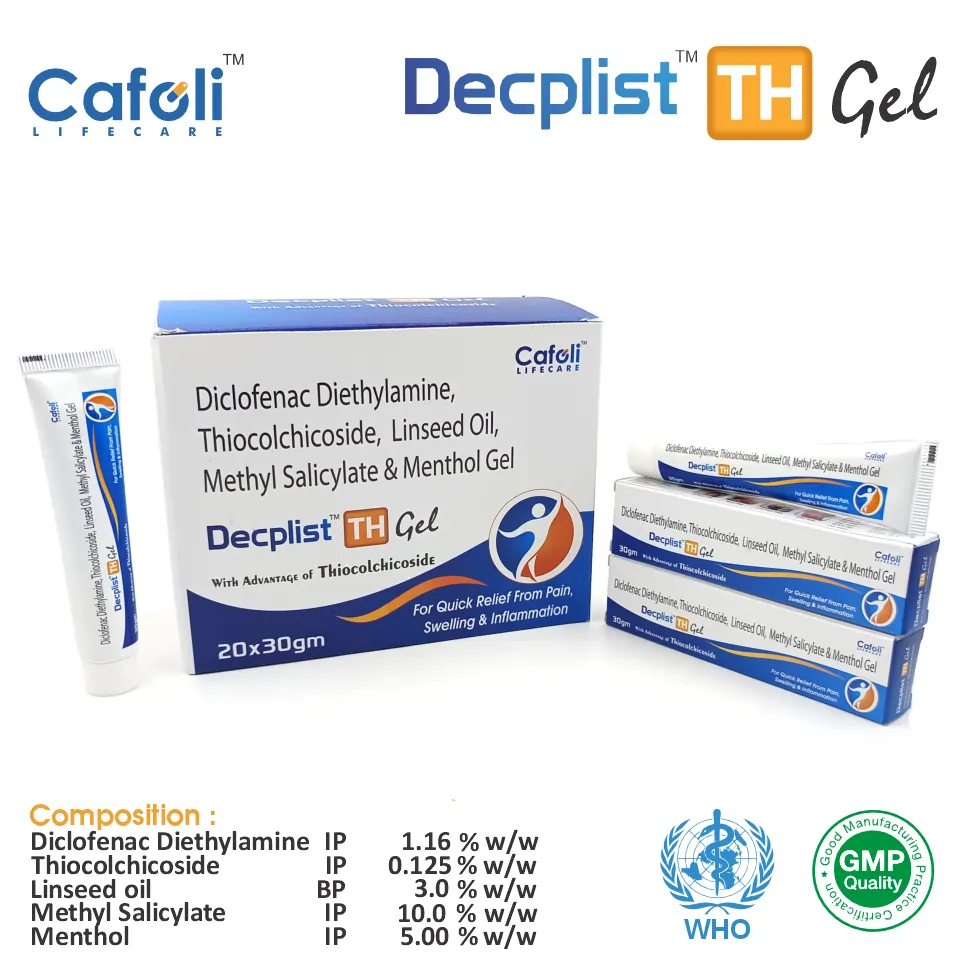 Diclofenac diethylamine  + Thiocolchicoside   Gel at the best price in PCD Pharma Franchise for Topical Analgesic, and Muscle Relaxant.